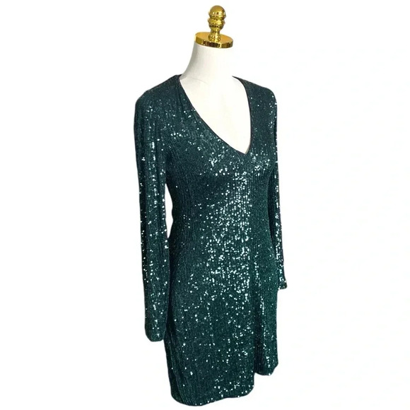 EXPRESS | Emerald Green Sequins Embellished Mini Cocktail Dress Size XS - Picture 4 of 10